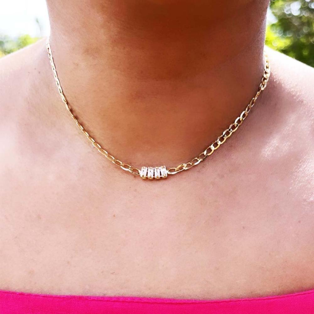 Choker De Corrente Chapada Com Zircônias Ao Centro Folheado A Ouro 18k [f027] - 2