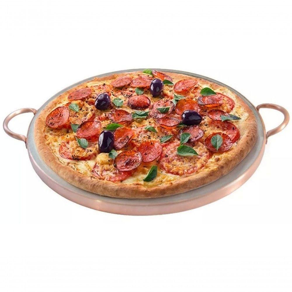 Forma De Pedra Sabão Para Pizza 32 Cm Alças De Cobre - 1