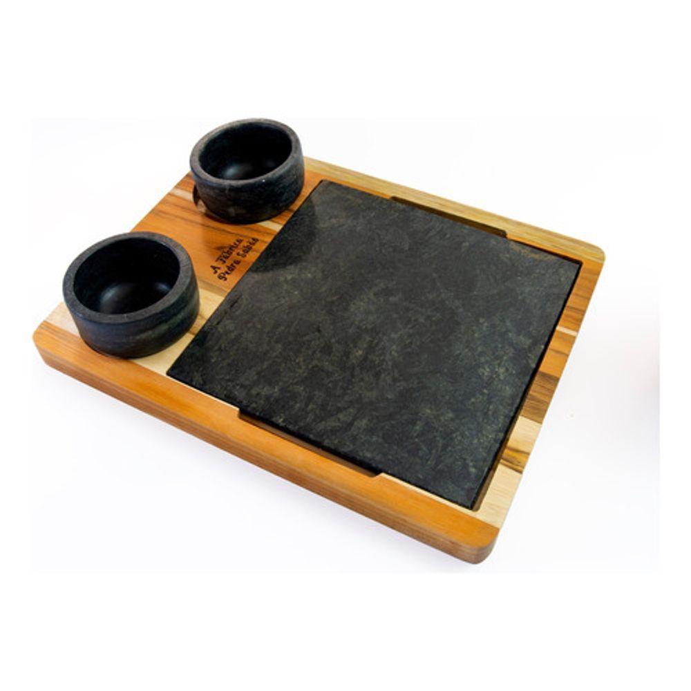 Tábua Quadrada E Duas Cumbucas Com Suporte De Madeira 25x25cm - 2