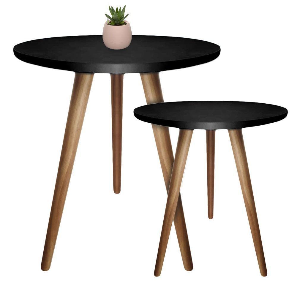 Kit 2un Mesas De Canto Lateral Redonda Para Sala Pé Palito Retrô Preto - 1