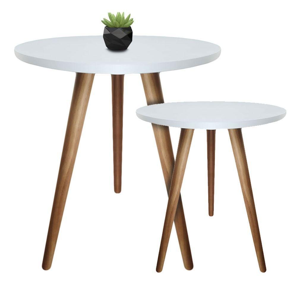 Kit 2un Mesas De Canto Lateral Redonda Para Sala Pé Palito Retrô Branco - 1