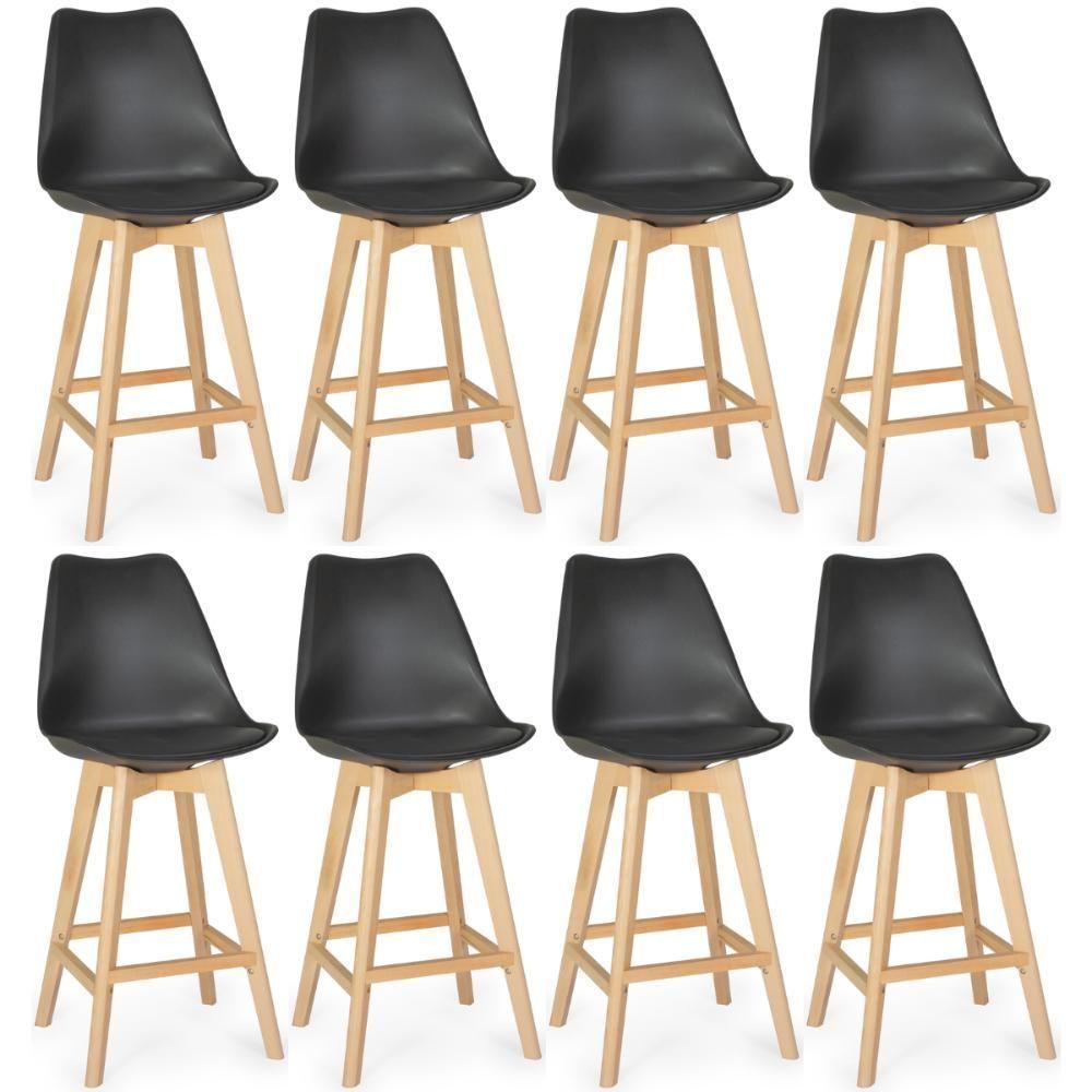 Kit 8 Banqueta Alta Leda Base Madeira Com Encosto - Preto - 1