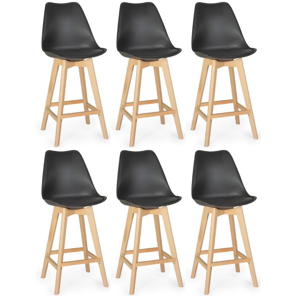 Kit 6 Banqueta Alta Leda Base Madeira Com Encosto - Preto - 1