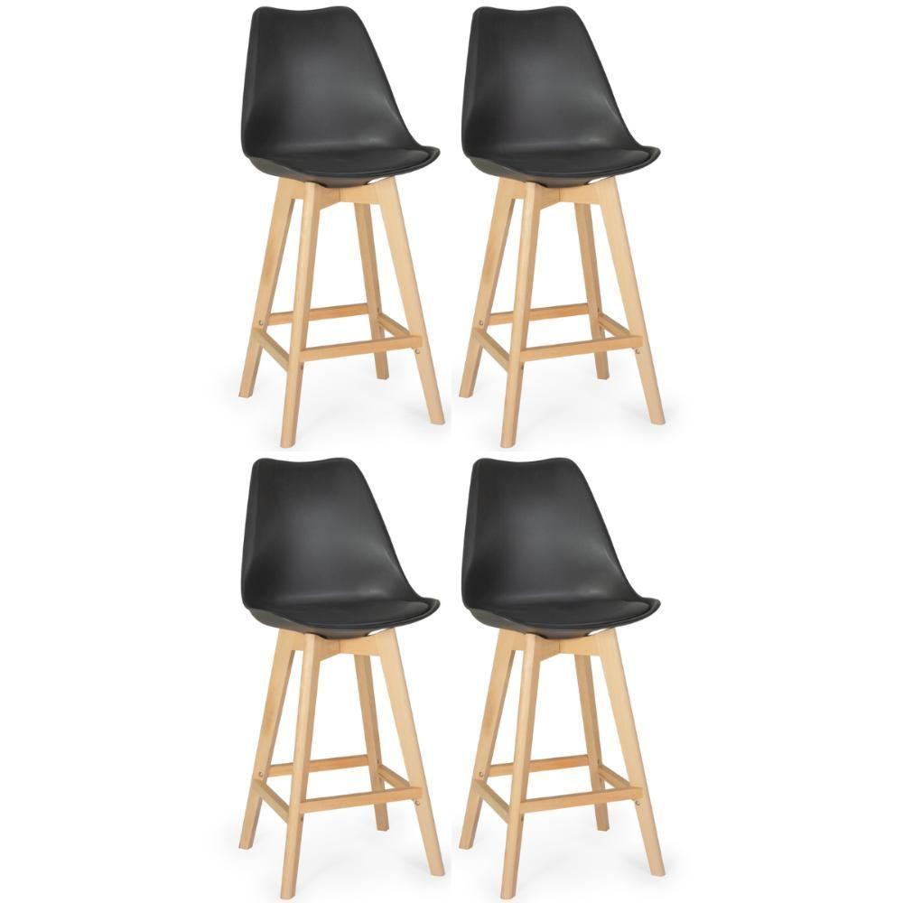 Kit 4 Banqueta Alta Leda Base Madeira Com Encosto - Preto - 1