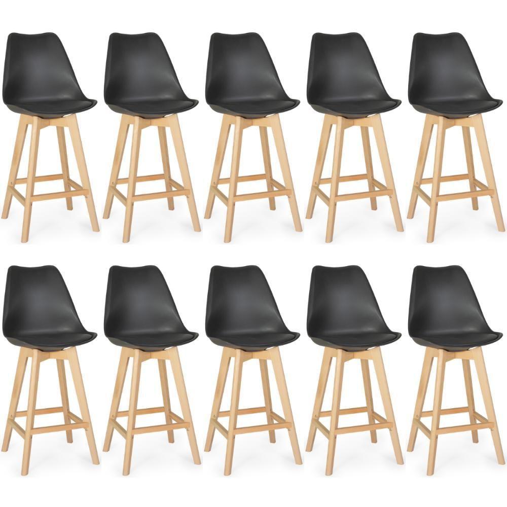 Kit 10 Banqueta Alta Leda Base Madeira Com Encosto - Preto - 1