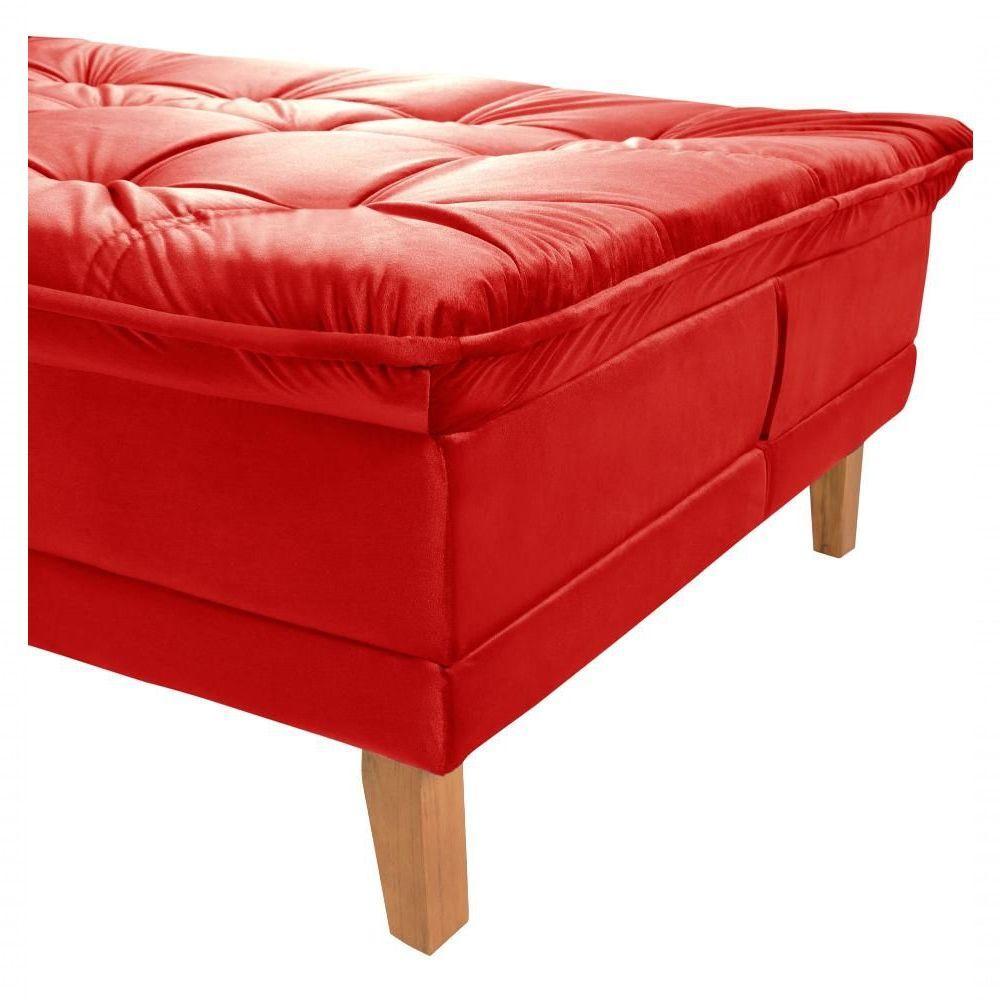 Sofá Cama Berlim 3 Lugares Império Reclinável Pés Madeira Com Banqueta Espuma D33 Suede Vermelho 373 - 2