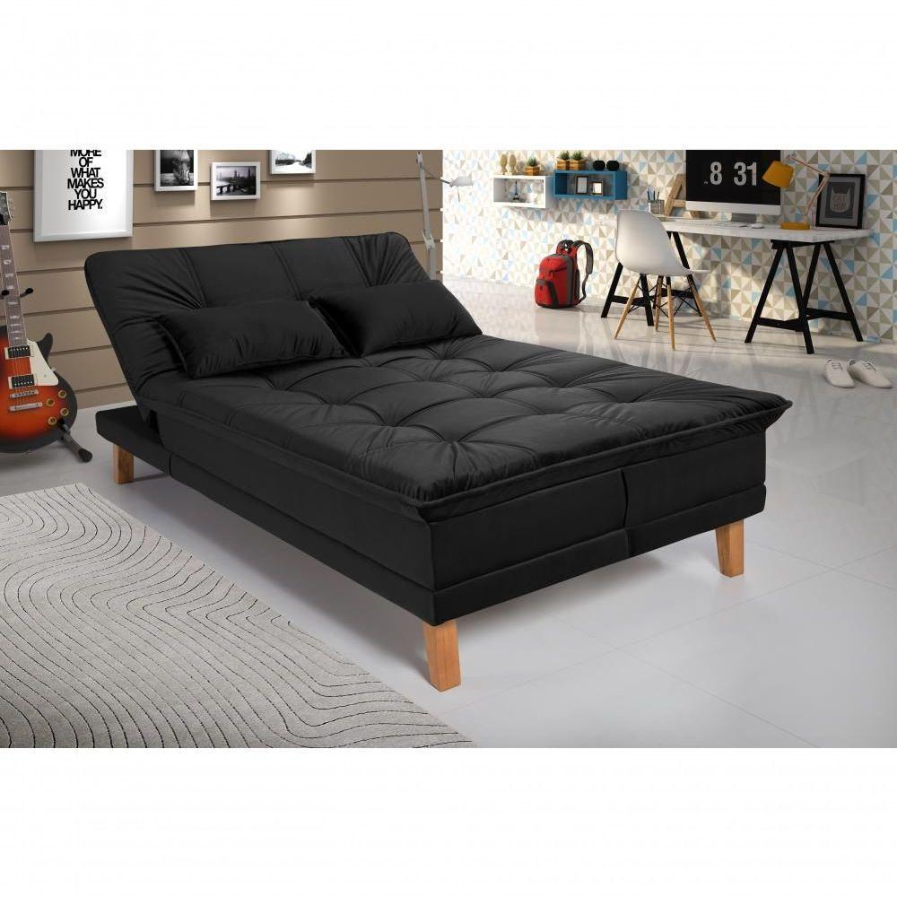 Sofá Cama Berlim 3 Lugares Império Reclinável Casal Pés Madeira Espuma Especial D33 Suede Preto 381 - 1