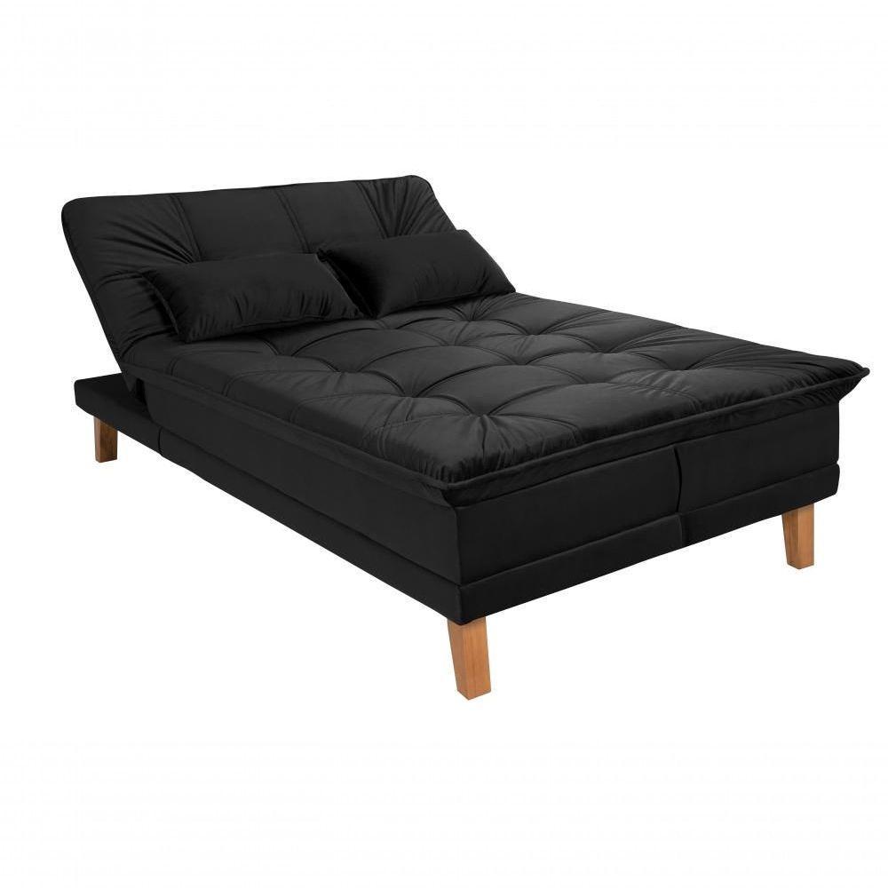Sofá Cama Berlim 3 Lugares Império Reclinável Casal Pés Madeira Espuma Especial D33 Suede Preto 381 - 3