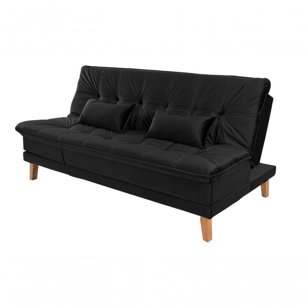 Sofá Cama Berlim 3 Lugares Império Reclinável Casal Pés Madeira Espuma Especial D33 Suede Preto 381 - 6