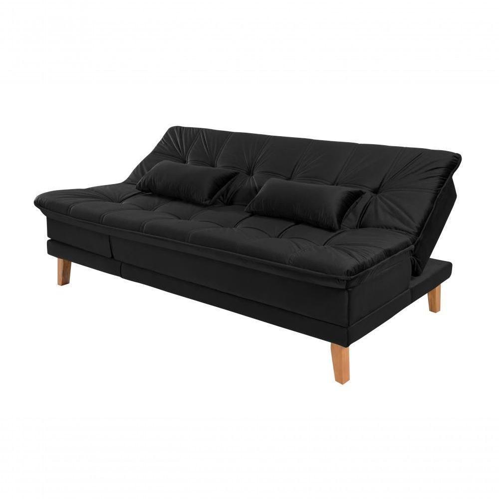 Sofá Cama Berlim 3 Lugares Império Reclinável Casal Pés Madeira Espuma Especial D33 Suede Preto 381 - 7