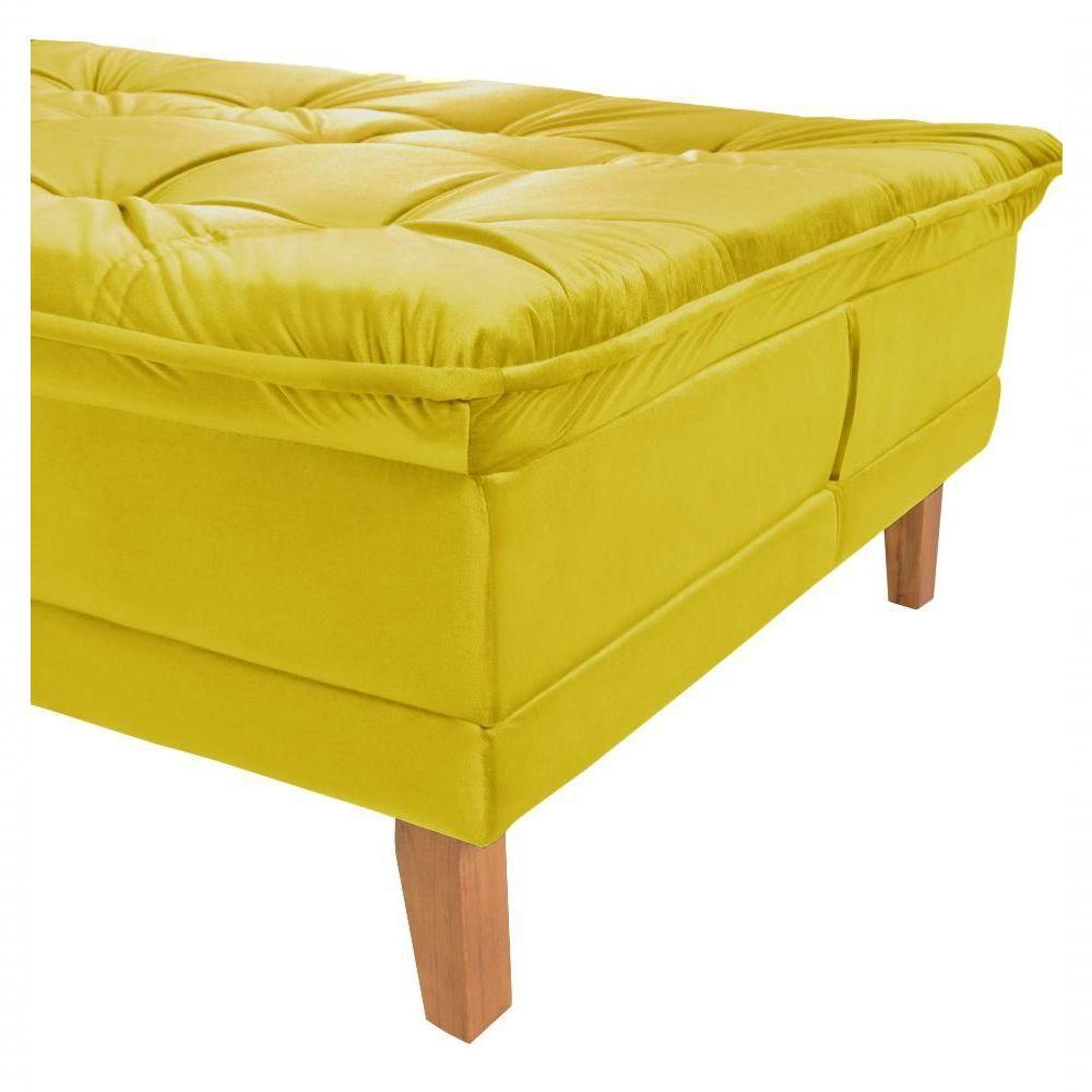 Sofá Cama Berlim 3 Lugares Império Reclinável Pés Madeira Com Banqueta Espuma D33 Suede Amarelo 374 - 2
