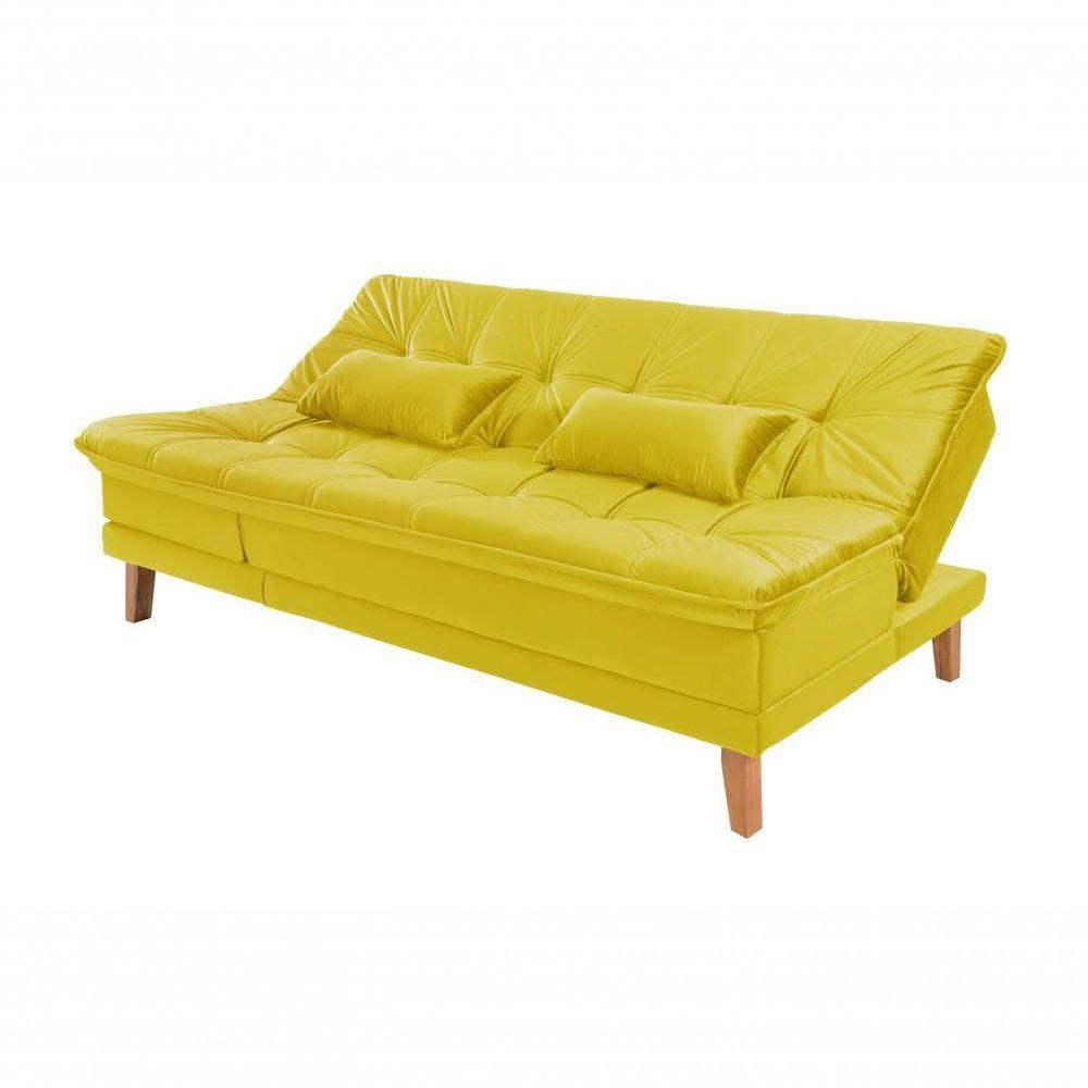 Sofá Cama Berlim 3 Lugares Império Reclinável Pés Madeira Com Banqueta Espuma D33 Suede Amarelo 374 - 4