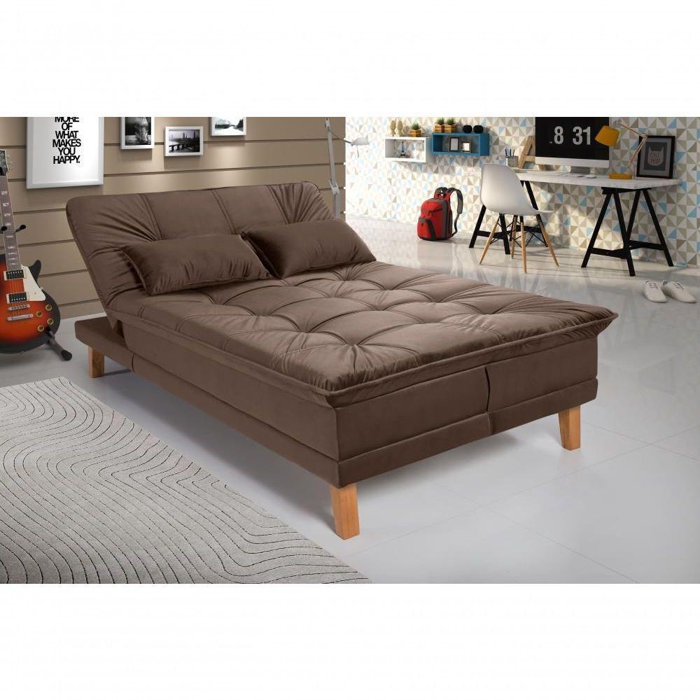 Sofá Cama Berlim 3 Lugares Império Reclinável Casal Pés Madeira Espuma Especial D33 Suede Marrom 379 - 1