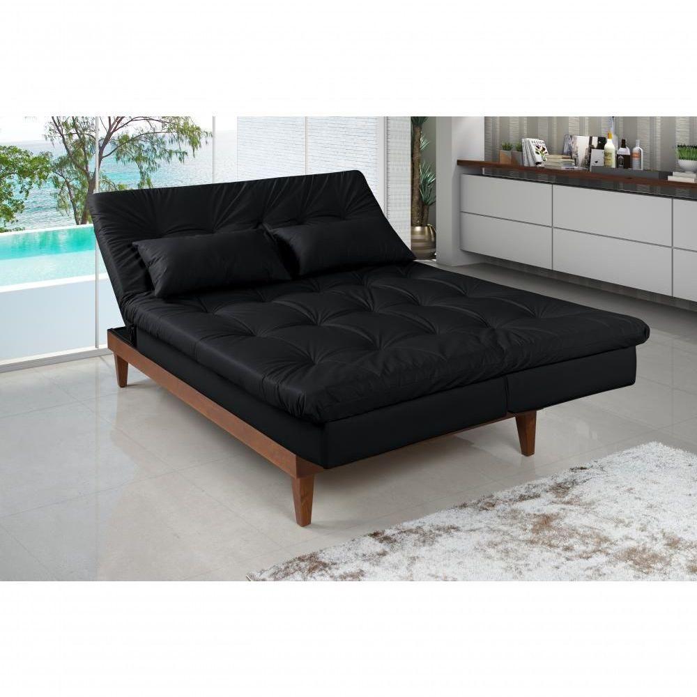 Sofá Cama Versátil 3 Lugares Império Reclinável Pés Madeira Espuma D33 Corano Preto 311 - 1