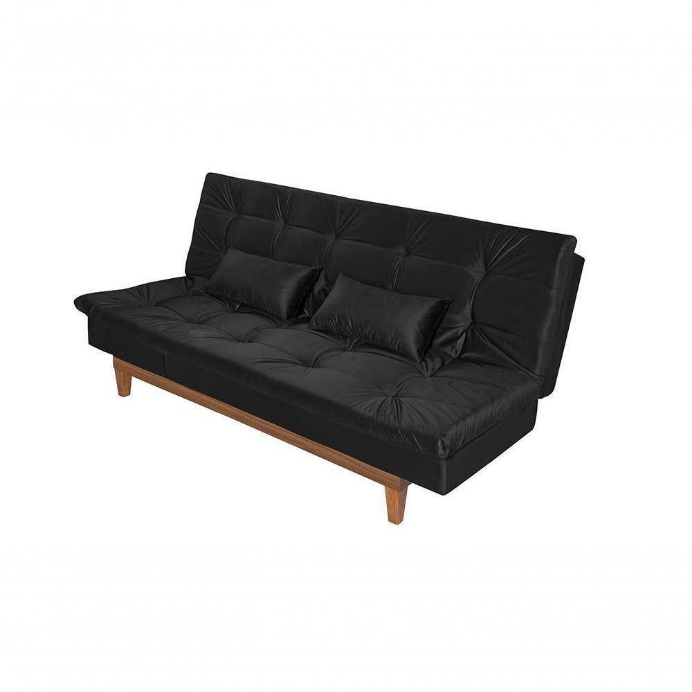 Sofá Cama Versátil 3 Lugares Império Reclinável Pés Madeira Espuma D33 Corano Preto 311 - 3