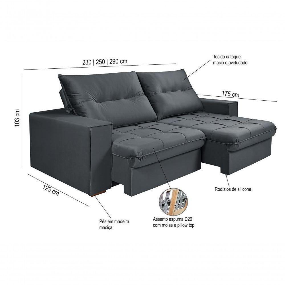 Sofá Cancún 2,90 3 Lugares Império Estofados Veludo Veludo Grafite 163 - 2