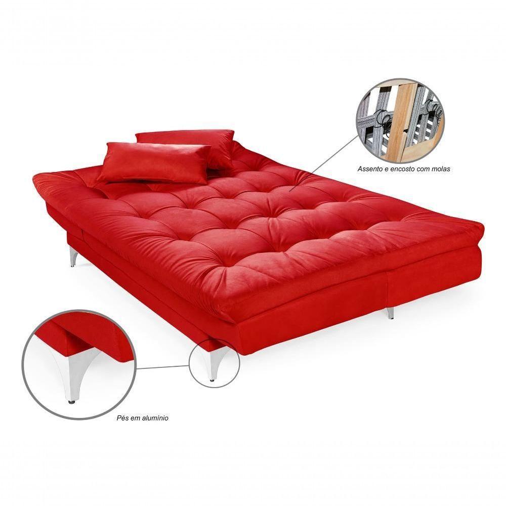 Sofá Cama Versátil 3 Lugares Império Reclinável Pés De Alumínio Espuma D33 Suede Vermelho 373 - 3