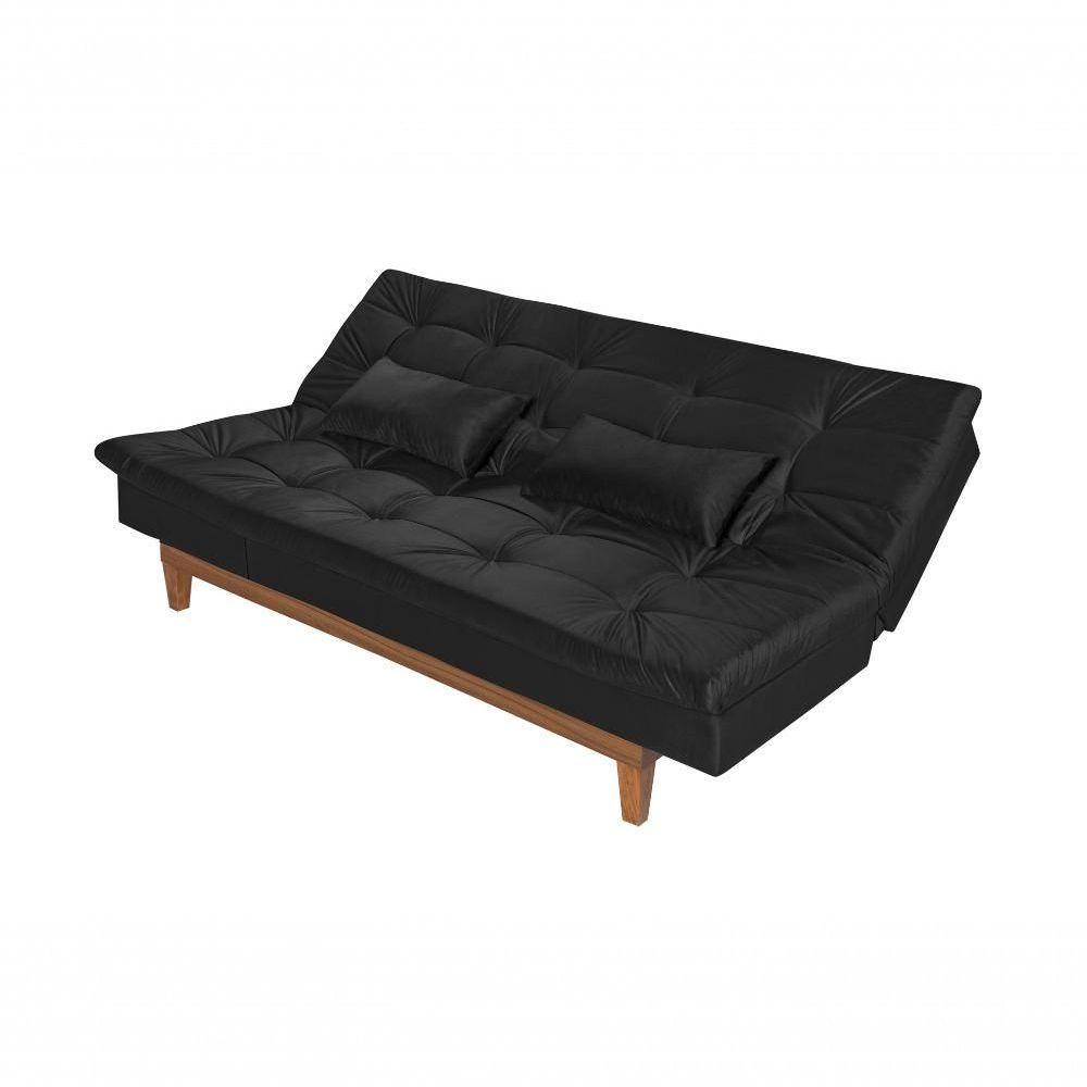 Sofá Cama Versátil 3 Lugares Império Reclinável Pés Madeira Espuma D33 Suede Preto 381 - 5