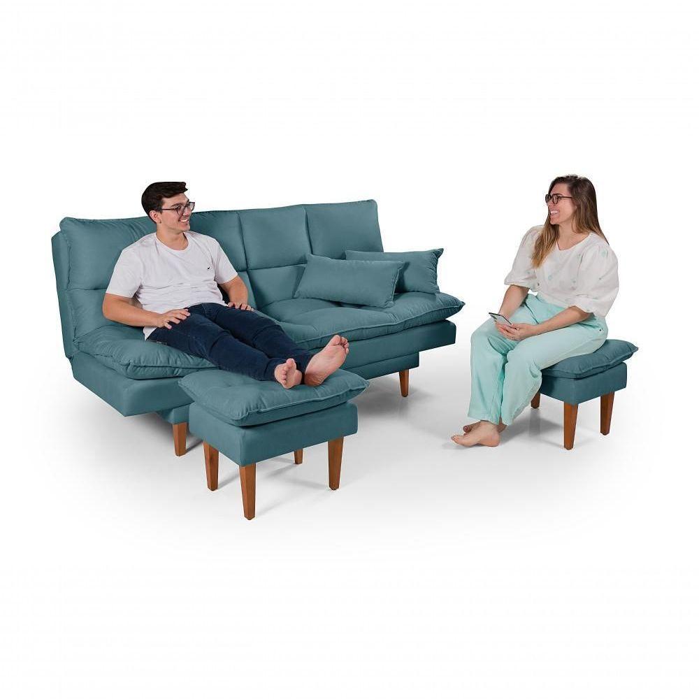 Sofá Cama Andorra 3 Lugares Império Reclinável Pés Madeira Com Banqueta Suede Azul Turquesa 362 - 2