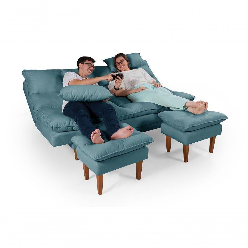 Sofá Cama Andorra 3 Lugares Império Reclinável Pés Madeira Com Banqueta Suede Azul Turquesa 362 - 6