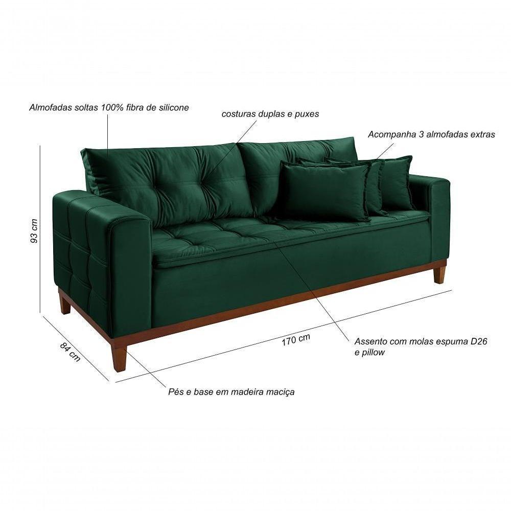 Sofá Atenas 1,70 3 Lugares Império Estofados Veludo Verde 181 - 2