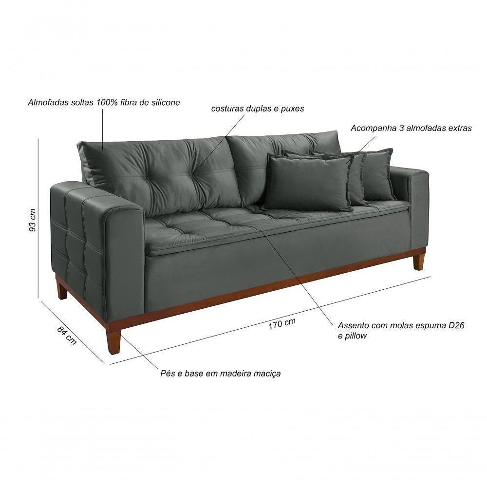 Sofá Atenas 1,70 3 Lugares Império Estofados Veludo Grafite 163 - 3