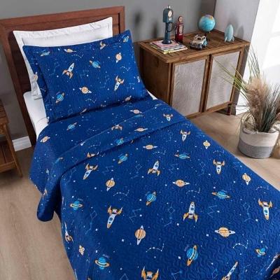 Kit Cobre Leito Colcha Carrosel Infantil Solteiro 2 Peças Microfibra Dupla Face - Azul Galáxia