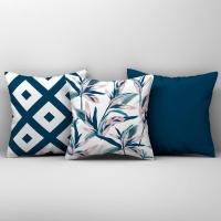 Kit Trio Capas De Almofadas Estampadas Em Veludo Suede 45cm X 45cm - Decoração Para Sala Cor Azul - 1