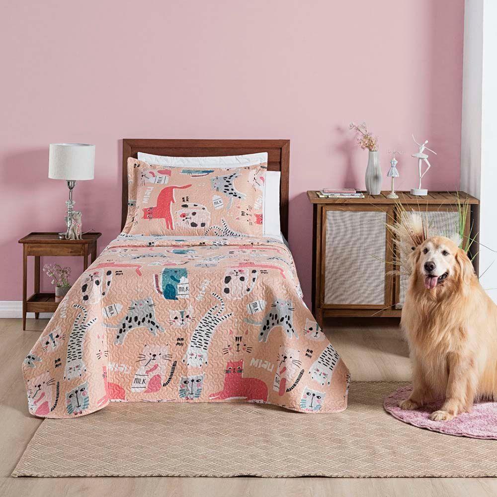 Kit Cobre Leito Colcha Carrosel Infantil Solteiro 2 Peças Microfibra Dupla Face - Gato Gatinhos - 2