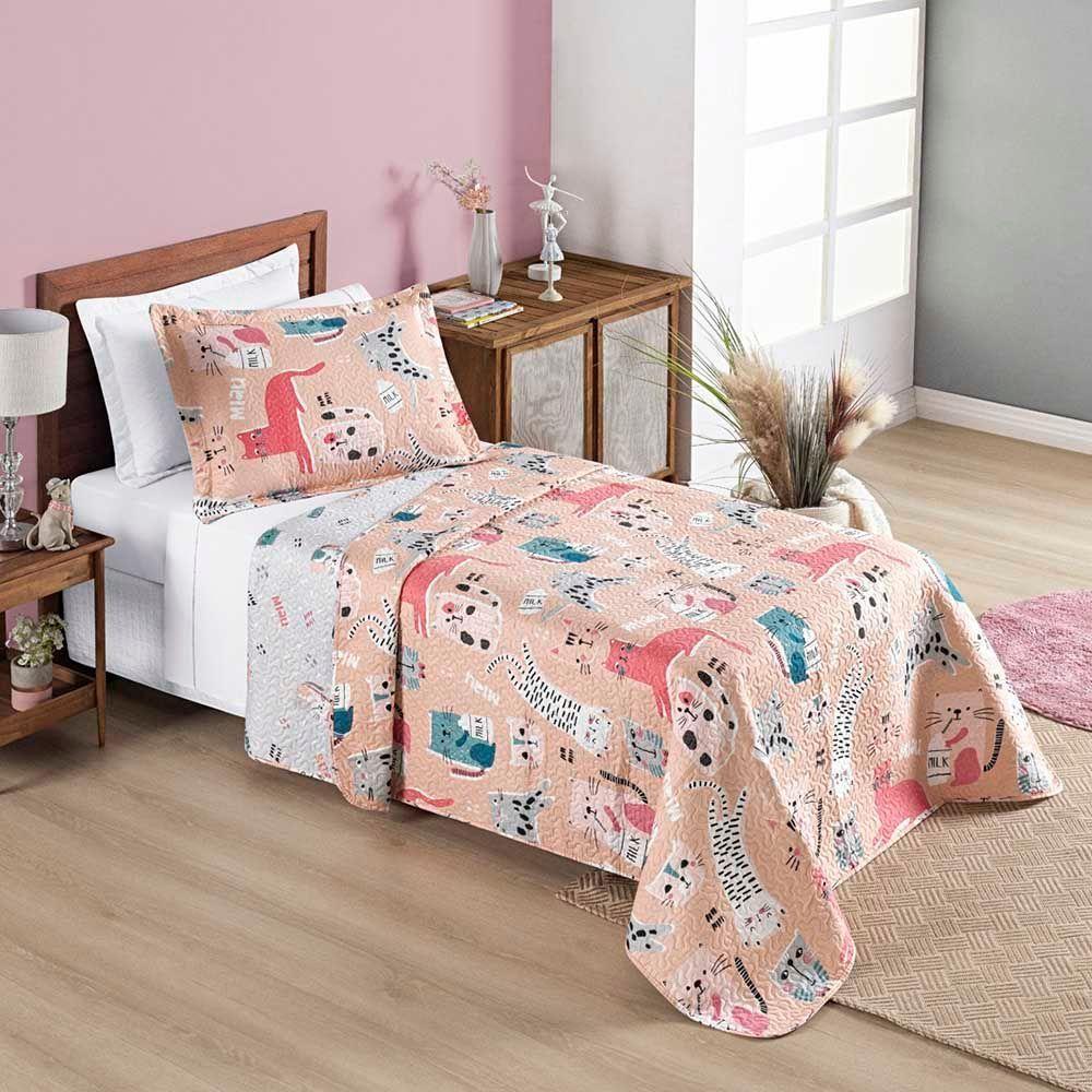 Kit Cobre Leito Colcha Carrosel Infantil Solteiro 2 Peças Microfibra Dupla Face - Gato Gatinhos - 5