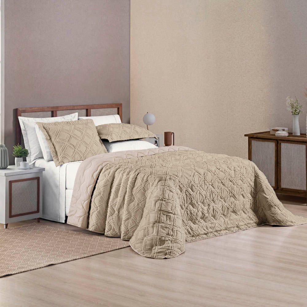 Kit Cobre Leito Colcha Katarine Padrão 03 Peças Dupla Face Micropercal 300 Fios Detalhado - Cáqui - 5