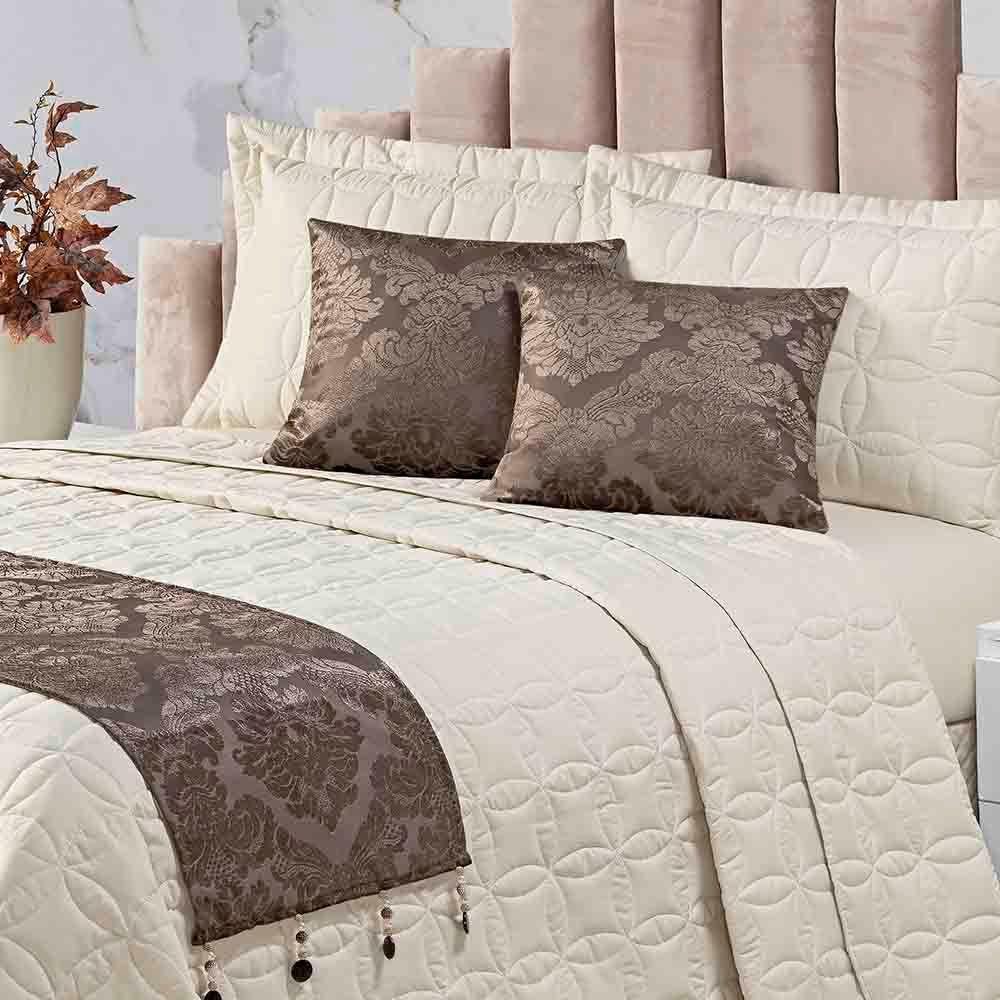 Kit Cobre Leito Colcha Midna King 8 Peças Dupla Face Xale Floral Jacquard Pedraria - Marrom Palha - 3