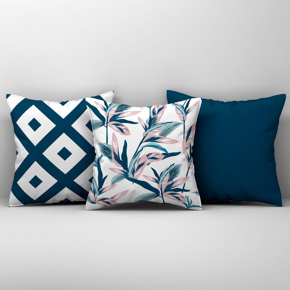 Kit Trio De Almofadas Cheias Estampadas Em Veludo Suede 45cm X 45cm Enchimento Em Refil Silicone - Decoração Para Sala Cor Azul - 1