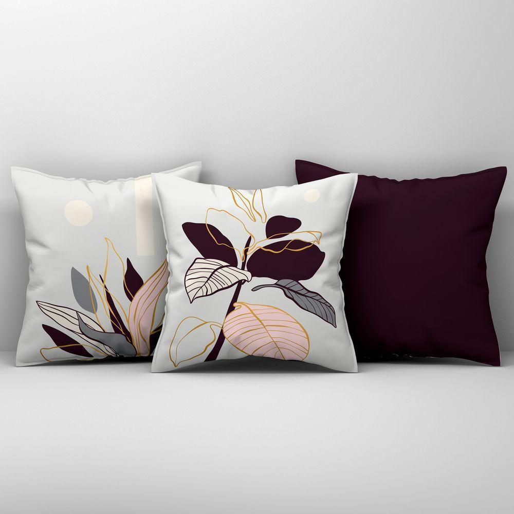 Kit Trio De Almofadas Cheias Estampadas Em Veludo Suede 45cm X 45cm Enchimento Em Refil Silicone - Decoração Para Sala Cor Uva - 1