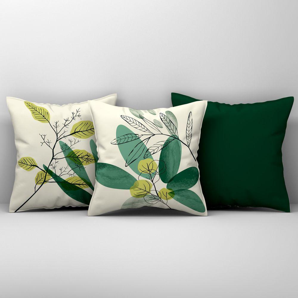 Kit Trio De Almofadas Cheias Estampadas Em Veludo Suede 45cm X 45cm Enchimento Em Refil Silicone - Decoração Para Sala Cor Verde - 1