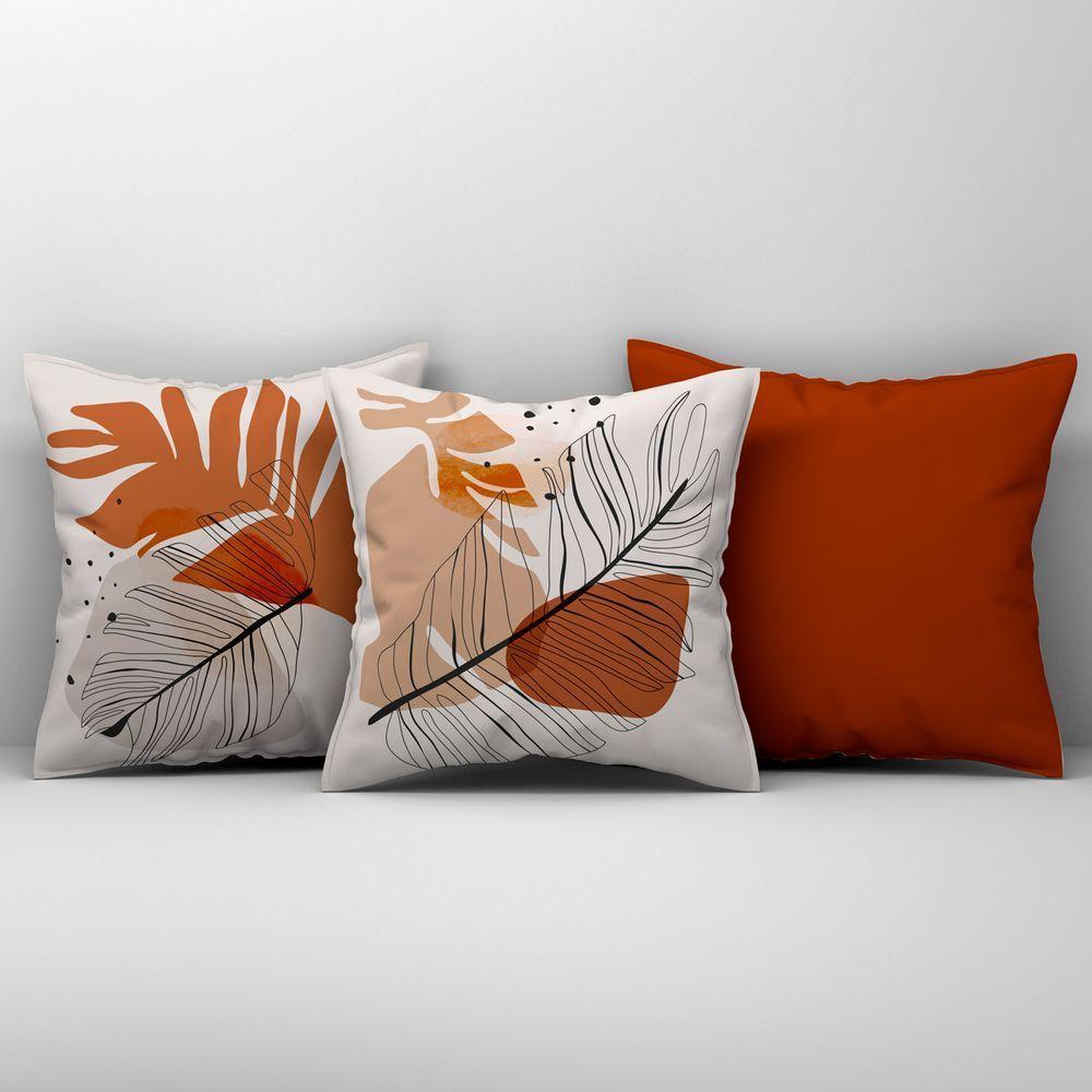 Kit Trio De Almofadas Cheias Estampadas Em Veludo Suede 45cm X 45cm Enchimento Em Refil Silicone - Decoração Para Sala Cor Terracota - 1