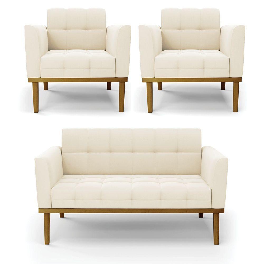 Sofá Namoradeira E 2 Poltronas Base Madeira Castanho Elisa Veludo Bege D03 - D\'rossi - 1