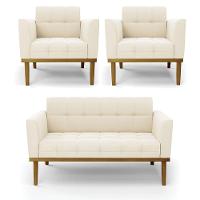 Sofá Namoradeira E 2 Poltronas Base Madeira Castanho Elisa Veludo Bege D03 - D\'rossi - 1