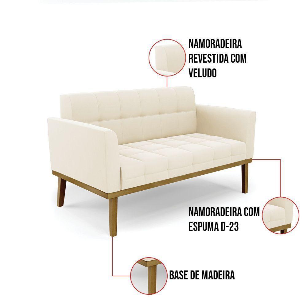Sofá Namoradeira E 2 Poltronas Base Madeira Castanho Elisa Veludo D03 - D\'rossi Cor Bege - 2