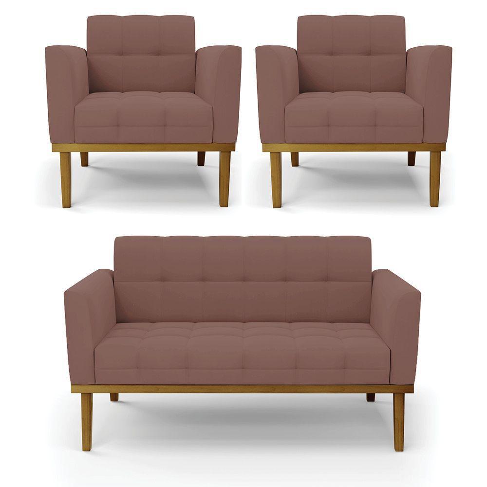 Sofá Namoradeira E 2 Poltronas Base Madeira Castanho Elisa Veludo D03 - D\'rossi Cor Rose - 1