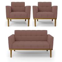 Sofá Namoradeira E 2 Poltronas Base Madeira Castanho Elisa Veludo D03 - D\'rossi Cor Rose - 1