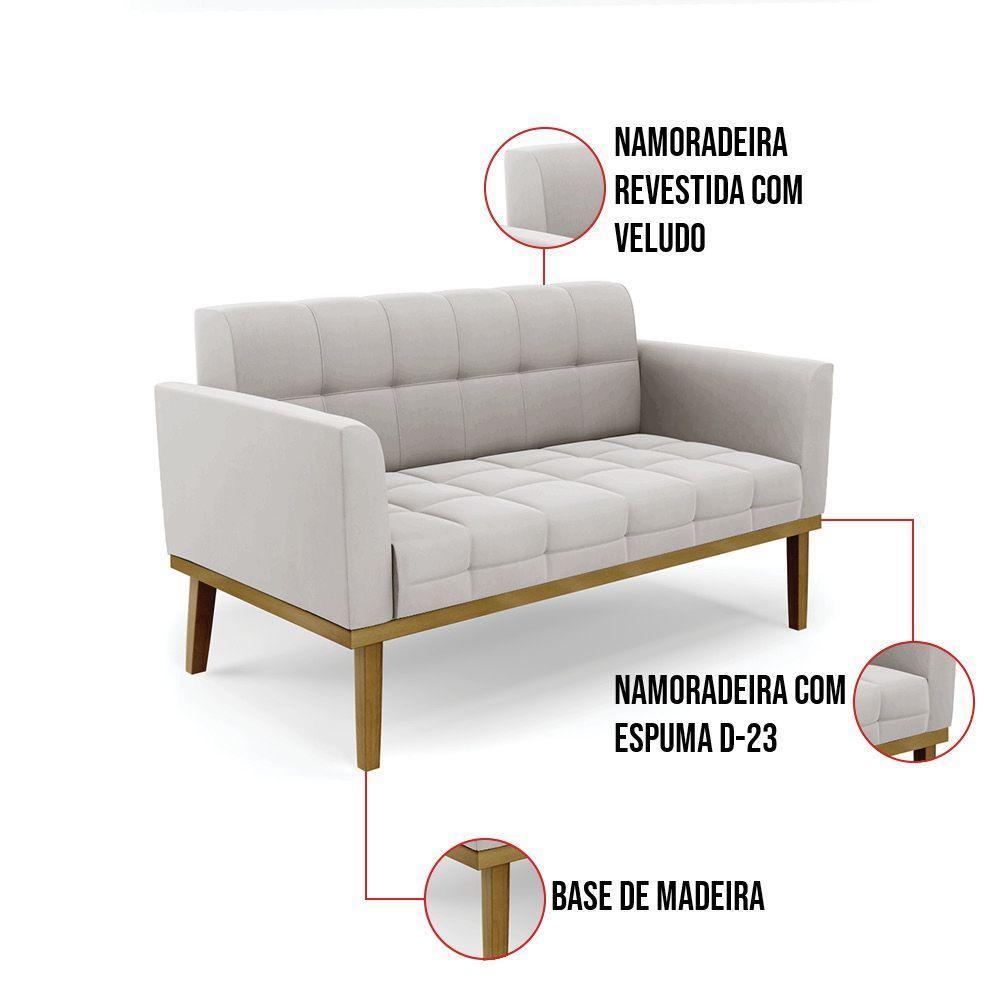 Sofá Namoradeira E 2 Poltronas Base Madeira Castanho Elisa Veludo D03 - D\'rossi Cor Cinza - 6