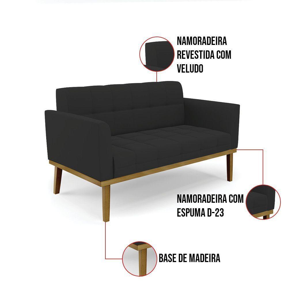 Sofá Namoradeira E 2 Poltronas Base Madeira Castanho Elisa Veludo D03 - D\'rossi Cor Preto - 4