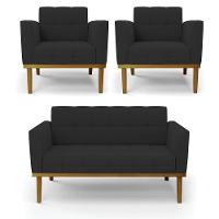 Sofá Namoradeira E 2 Poltronas Base Madeira Castanho Elisa Veludo D03 - D\'rossi Cor Preto - 1