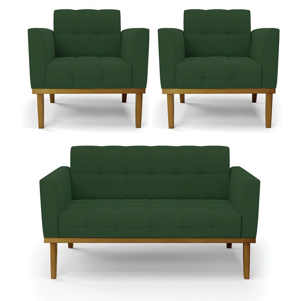 Sofá Namoradeira E 2 Poltronas Base Madeira Castanho Elisa Veludo D03 - D\'rossi Cor Verde - 1