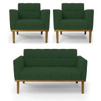 Sofá Namoradeira E 2 Poltronas Base Madeira Castanho Elisa Veludo D03 - D\'rossi Cor Verde - 1