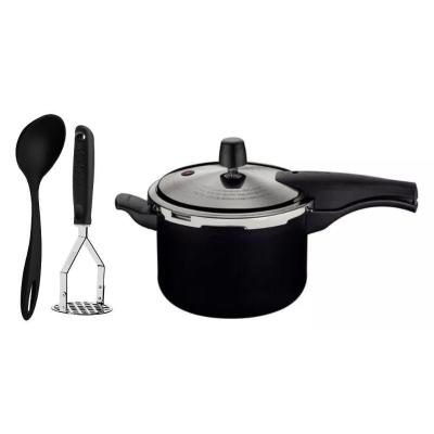 Jogo Panela Pressão Antiaderente 4,5l Preto Com Amassador Inox E Concha Tramontina