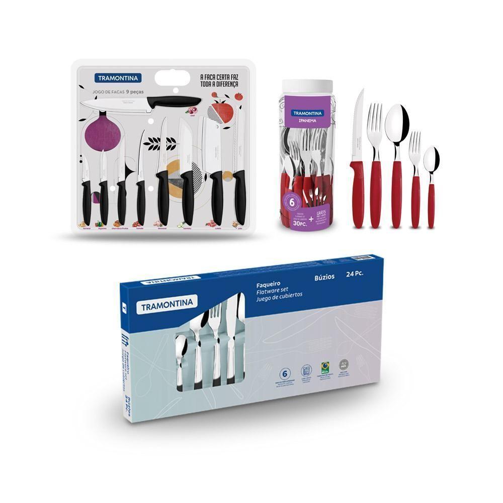 Kit - 1 Faqueiro Vermelho 30 Peças + 1 Conjunto Facas 9pç + 1 Faqueiro Inox 24pç - Tramontina - 1