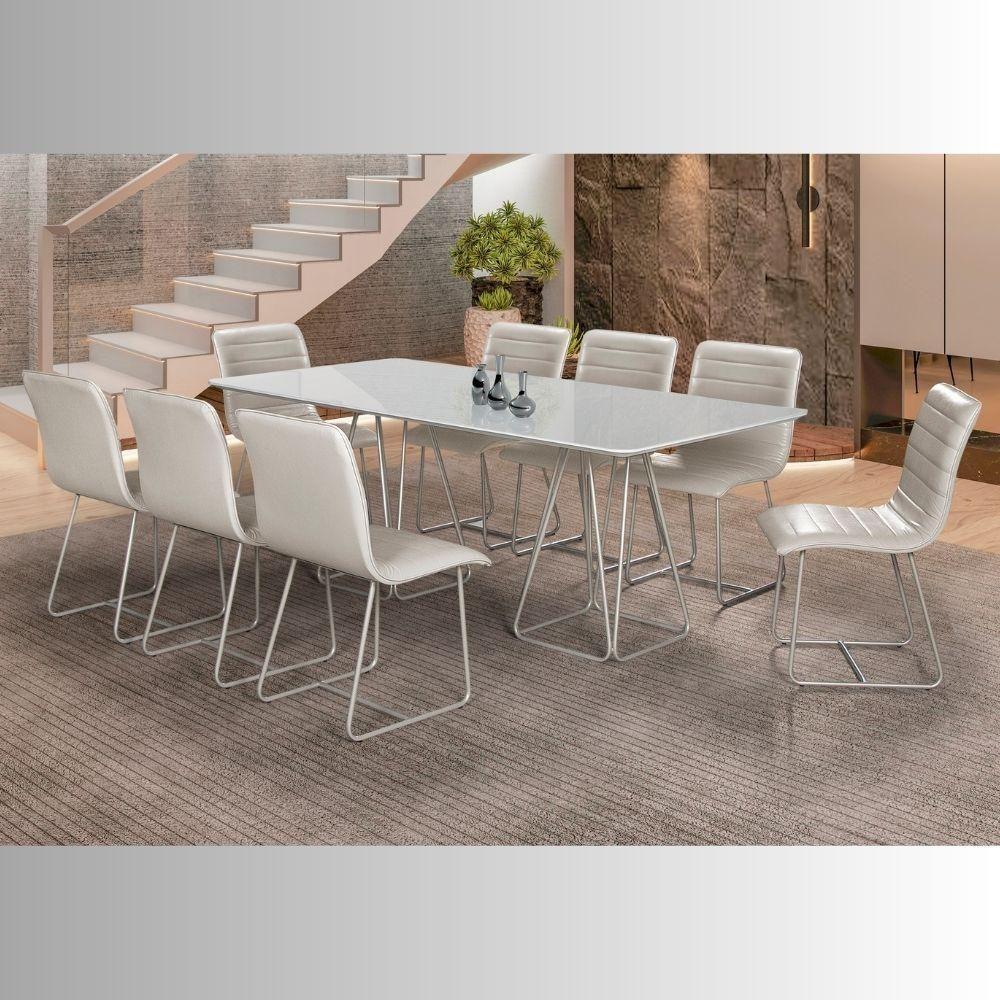 Conjunto Mesa De Jantar Milão Off White Com 8 Cadeiras Cristal Couro Pérola Metal Champanhe - 7