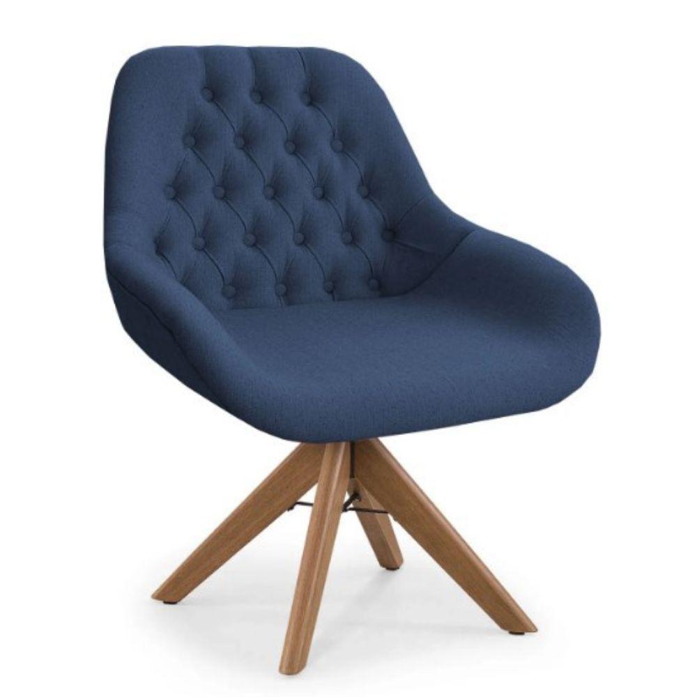 Poltrona Pandora Linho Azul Com Capitonê E Base Giratória Madeira - 1
